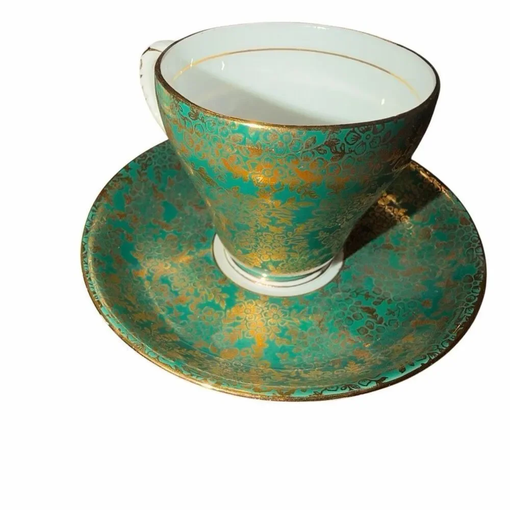 Royal Grafton-bone China-teacup, saucer porcelain Dark green gold floral design